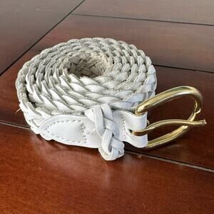 Woven Braided 100% Genuine Leather Belt White Women’s XXL Gold Color Buckle